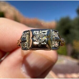 Antique 14k Solid Rose White Gold Engraved Natural Diamond Ring - Size 3.75